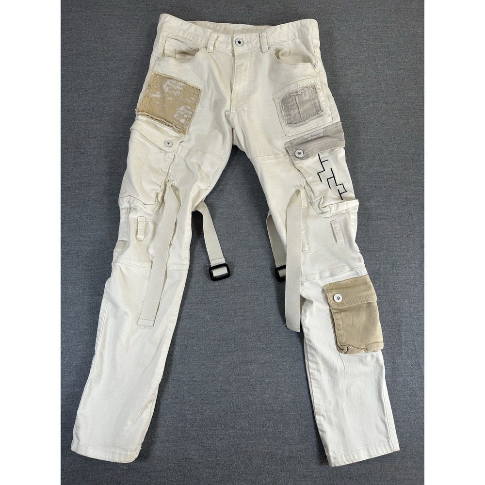 Smoke Rise Men's Off White Patchwork Cargo Jeans Straps 32x32 Streetwear